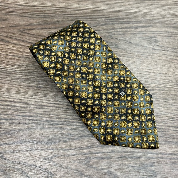Guy Laroche Blue, Grey & Gold Paisley Check Tie - Picture 1 of 4